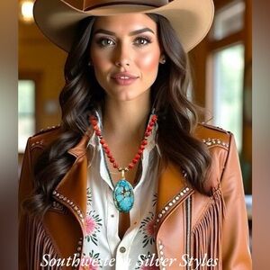 Southwestern Sterling Silver Navajo Style Pearls Red Jasper Turquoise Necklace